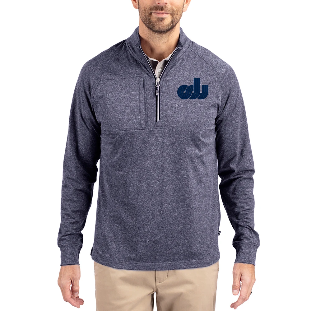 Women's Cutter & Buck Heather Navy Old Dominion Monarchs Adapt Eco Knit Stretch Recycled DryTec Raglan Quarter-Zip Pullover