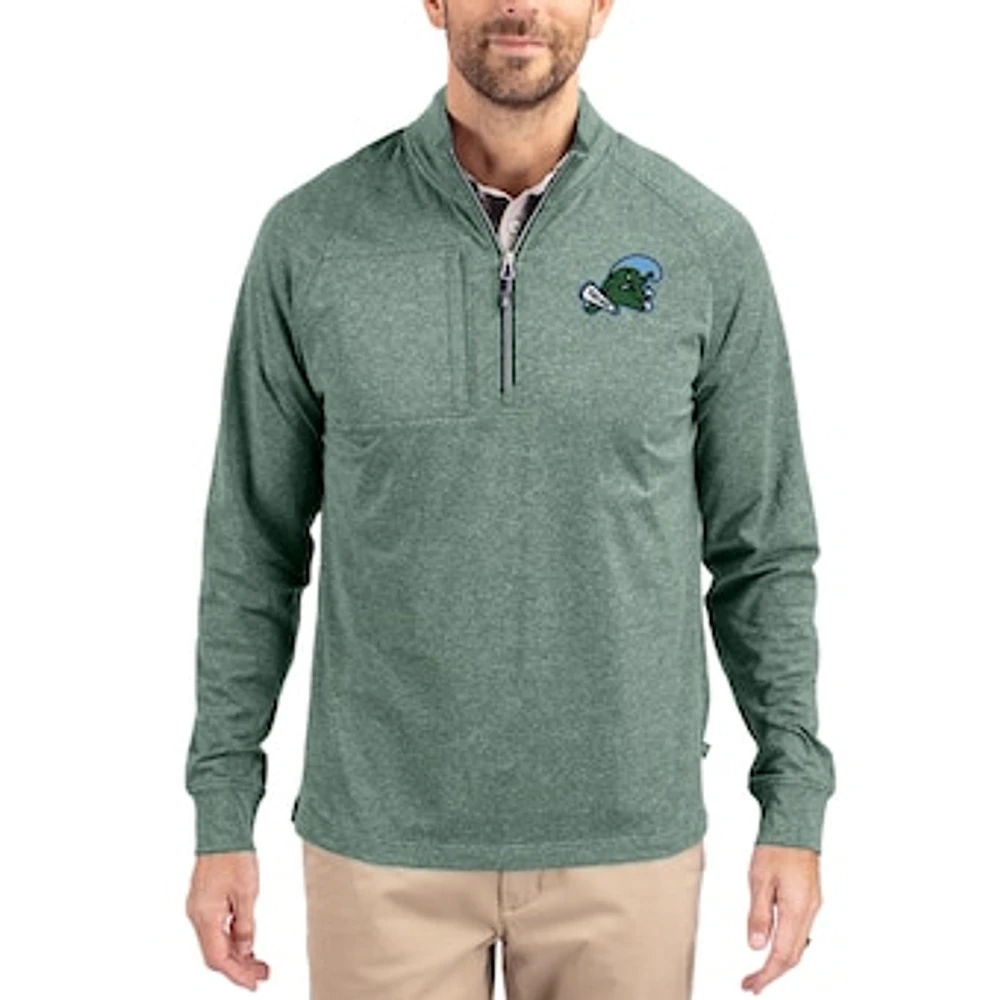 Women's Cutter & Buck Heather Green Tulane Wave Adapt Eco Knit Stretch Recycled DryTec Raglan Quarter-Zip Pullover