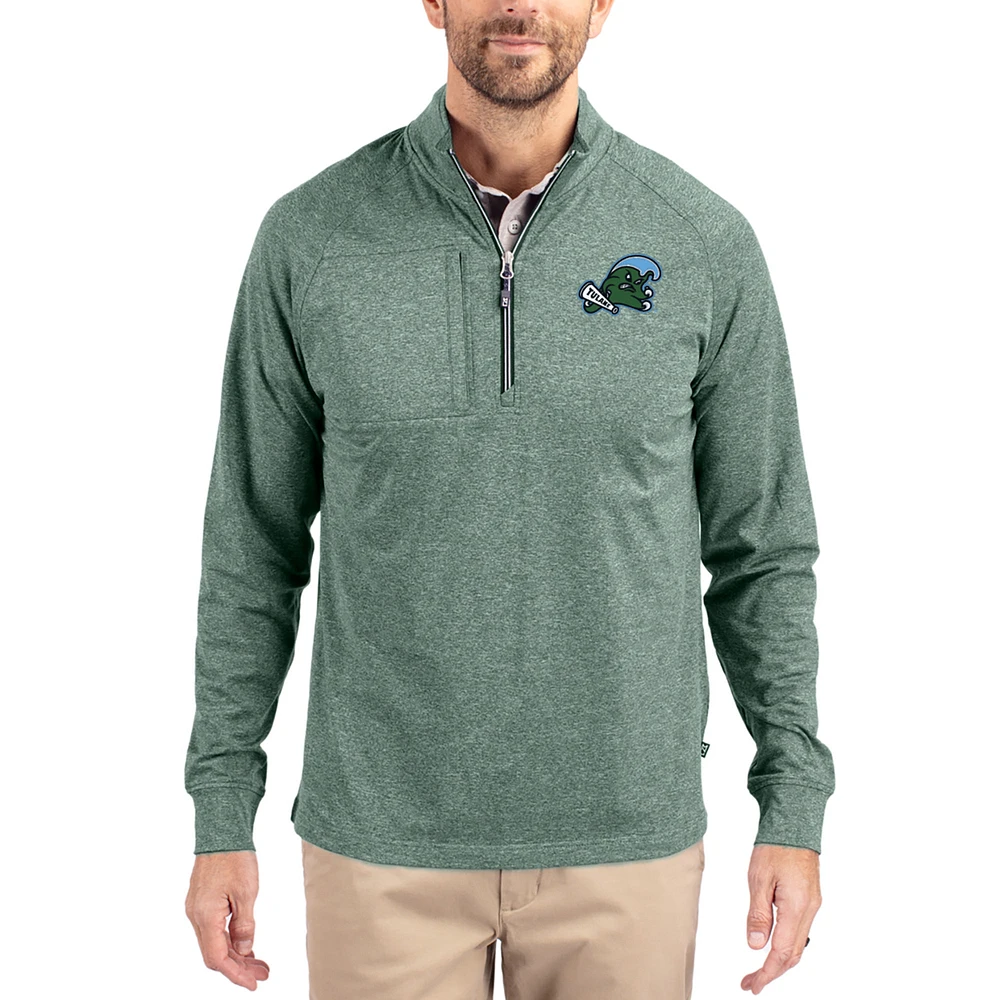 Women's Cutter & Buck Heather Green Tulane Wave Adapt Eco Knit Stretch Recycled DryTec Raglan Quarter-Zip Pullover
