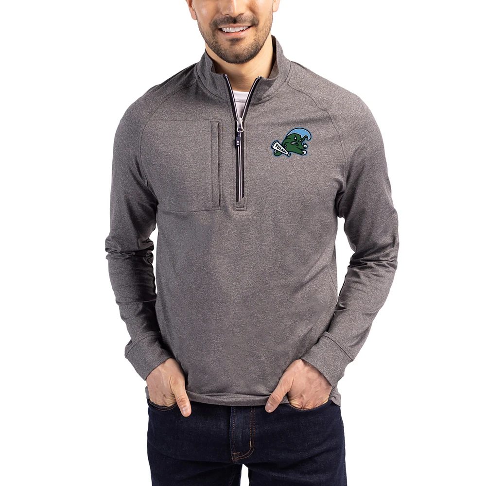 Women's Cutter & Buck Heather Green Tulane Wave Adapt Eco Knit Stretch Recycled DryTec Raglan Quarter-Zip Pullover