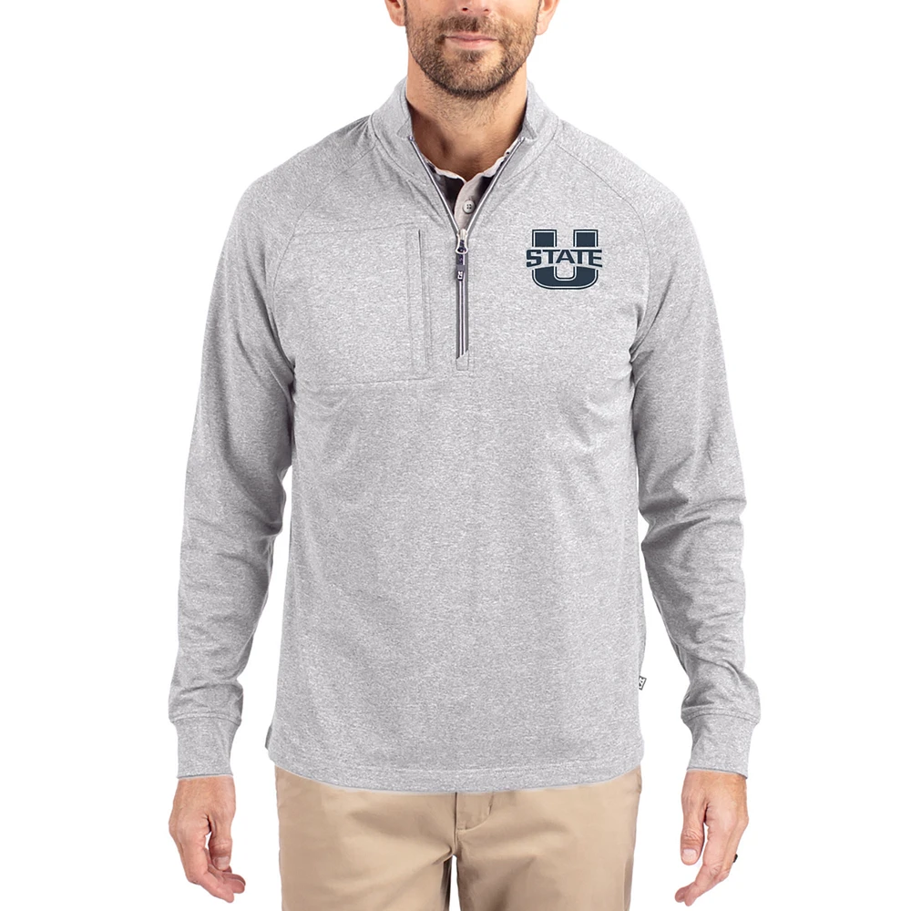 Women's Cutter & Buck Heather Gray Utah State Aggies Adapt Eco Knit Stretch Recycled DryTec Raglan Quarter-Zip Pullover