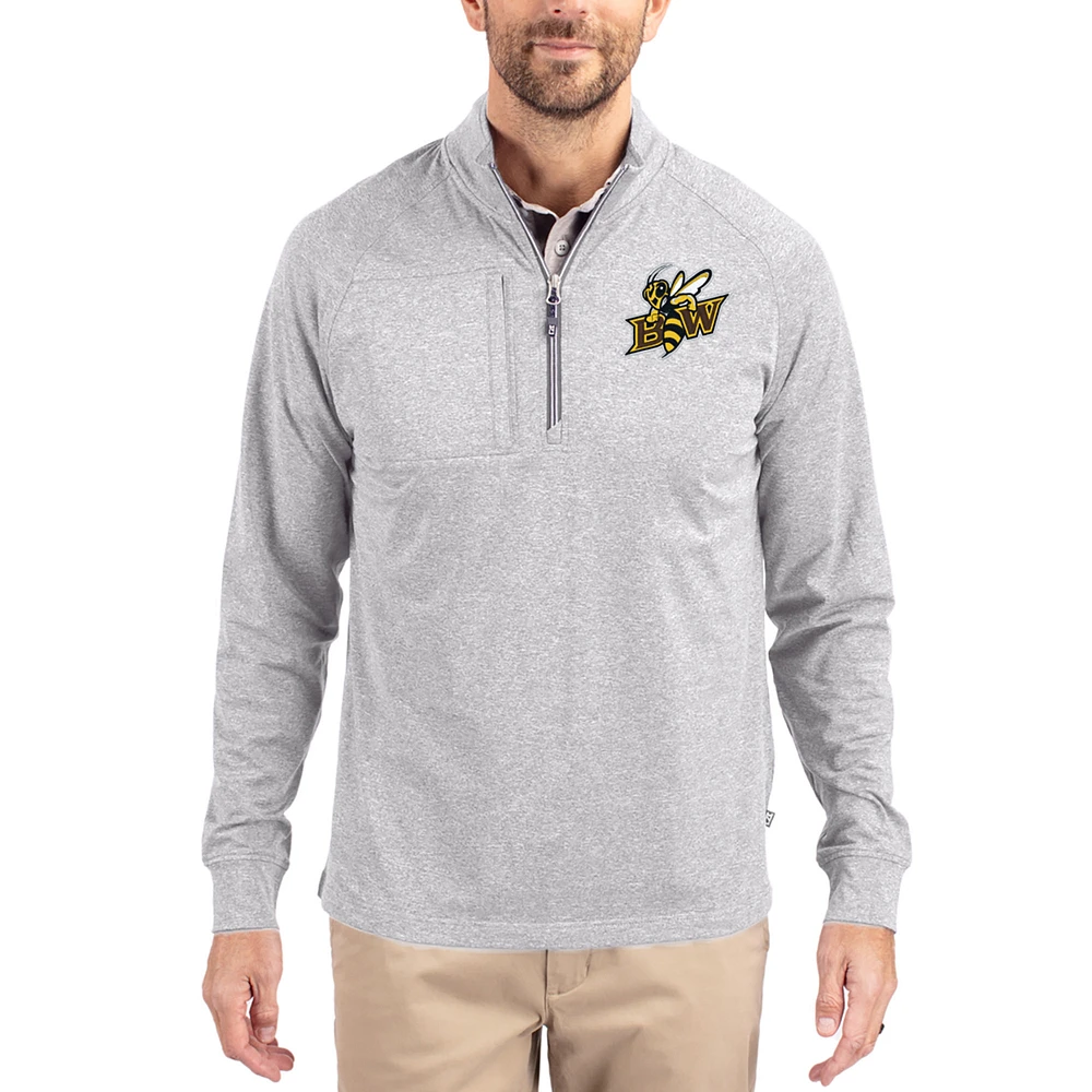 Women's Cutter & Buck Heather Gray Baldwin Wallace Yellow Jackets Adapt Eco Knit Stretch Recycled DryTec Raglan Quarter-Zip Pullover