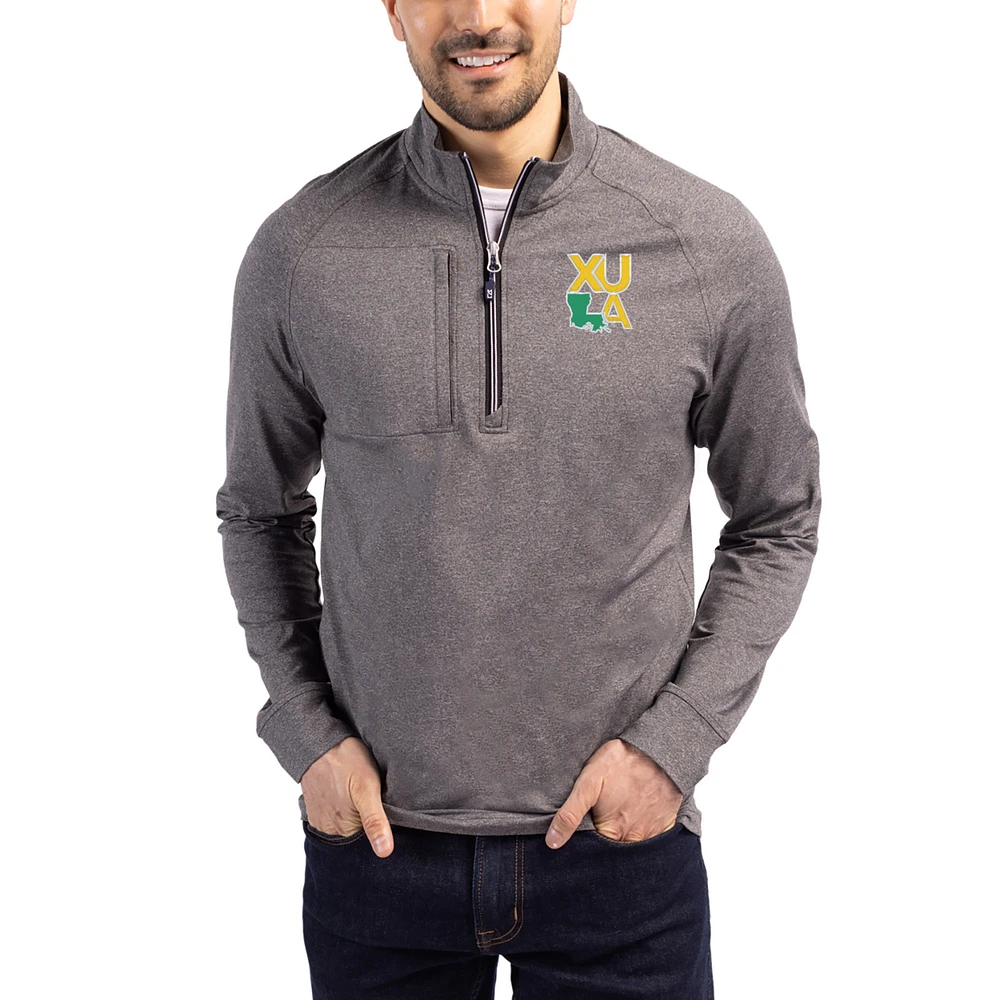 Women's Cutter & Buck Heather Xavier University of Louisiana Gold Rush Adapt Eco Knit Stretch Recycled DryTec Raglan Quarter-Zip Pullover