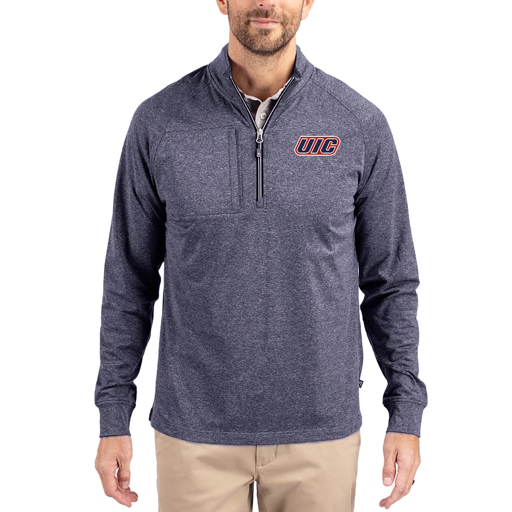 Women's Cutter & Buck Heather Navy UIC Flames Adapt Eco Knit Stretch Recycled DryTec Raglan Quarter-Zip Pullover