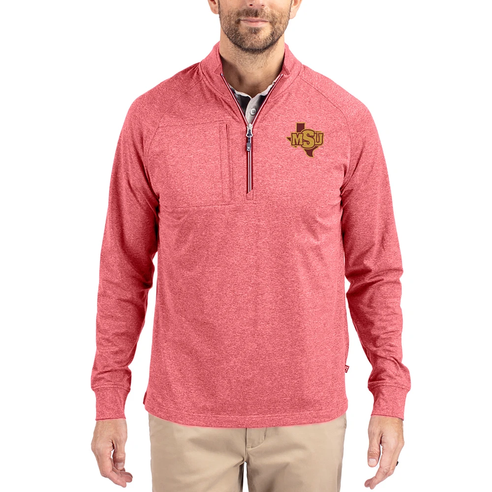 Women's Cutter & Buck Heather Midwestern State Mustangs Adapt Eco Knit Stretch Recycled DryTec Raglan Quarter-Zip Pullover