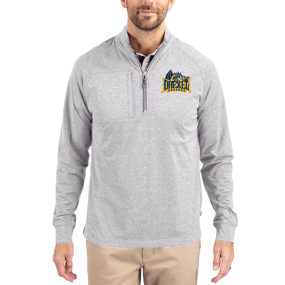 Women's Cutter & Buck Heather Gray Drexel Dragons Adapt Eco Knit Stretch Recycled DryTec Raglan Quarter-Zip Pullover
