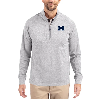 Women's Cutter & Buck Heather Gray Michigan Wolverines Adapt Eco Knit Stretch Recycled DryTec Raglan Quarter-Zip Pullover