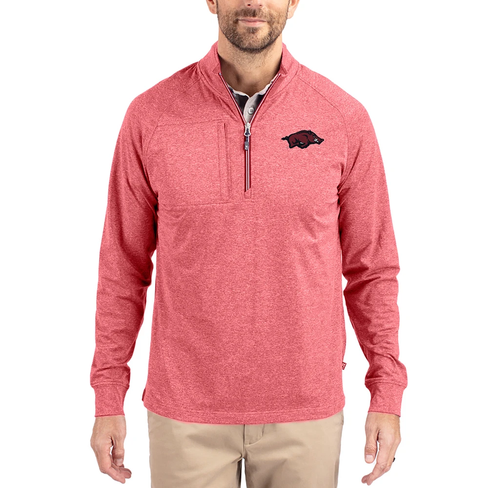 Women's Cutter & Buck Heather Arkansas Razorbacks Adapt Eco Knit Stretch Recycled DryTec Raglan Quarter-Zip Pullover