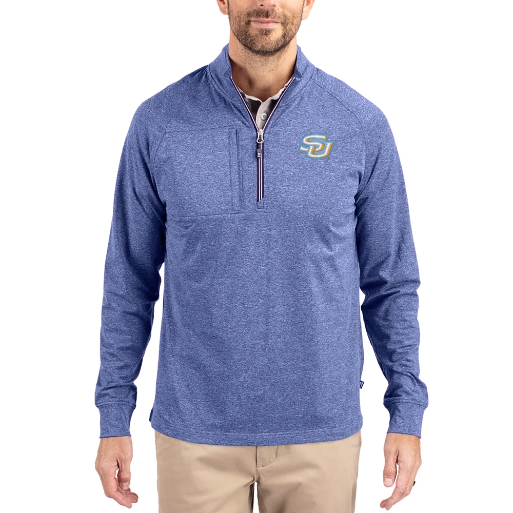 Women's Cutter & Buck Heather Southern University Jaguars Adapt Eco Knit Stretch Recycled DryTec Raglan Quarter-Zip Pullover