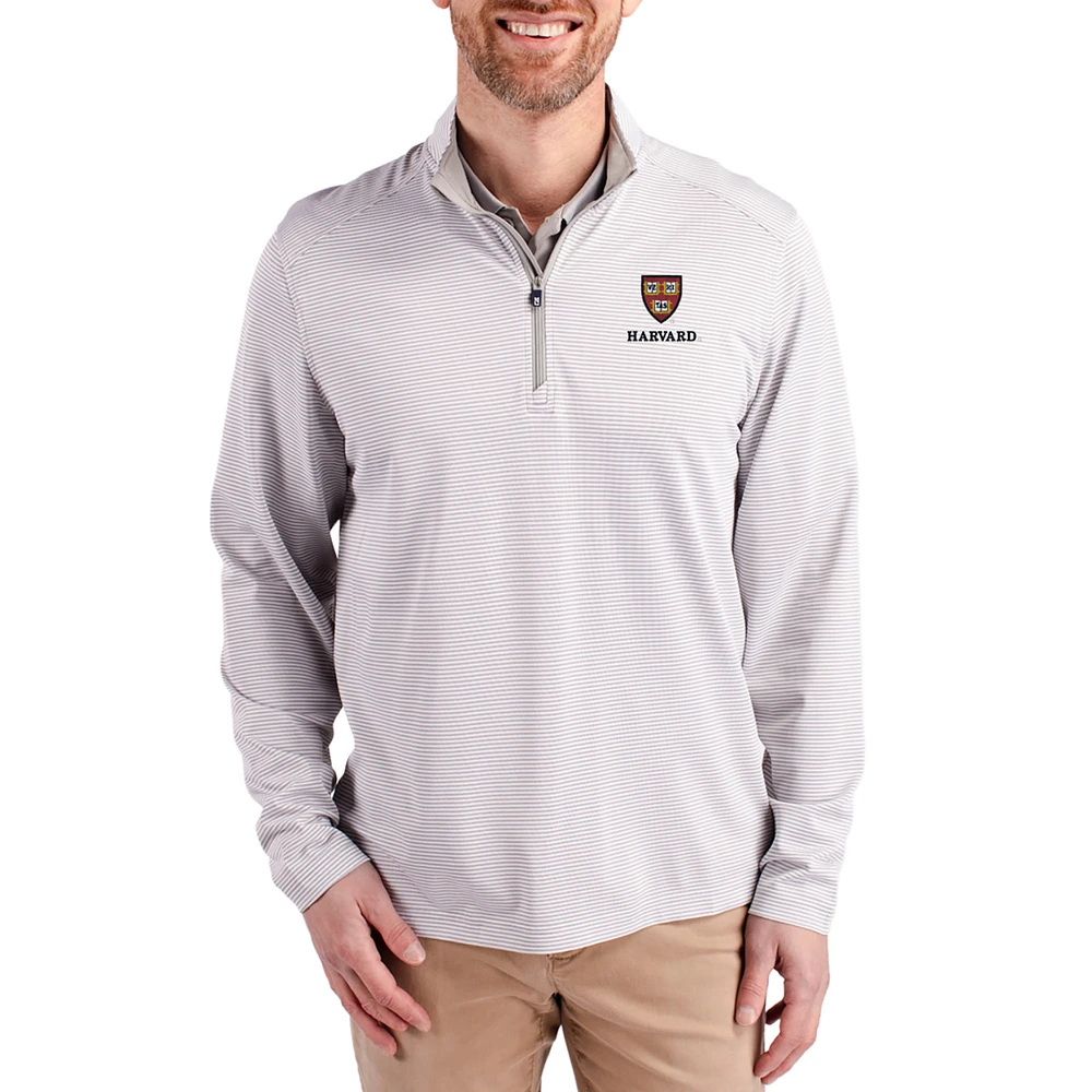 Men's Cutter & Buck Gray Harvard Crimson Virtue Micro Stripe DryTec Quarter-Zip Pullover