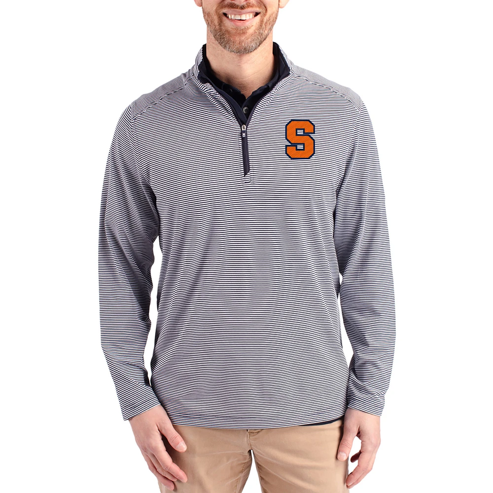 Men's Cutter & Buck Navy Syracuse Orange Virtue Micro Stripe DryTec Quarter-Zip Pullover