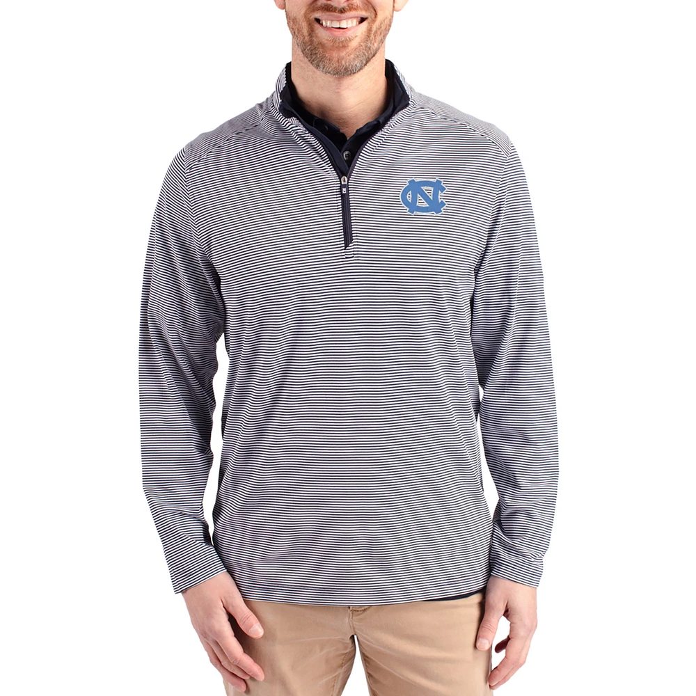 Men's Cutter & Buck Navy North Carolina Tar Heels Virtue Micro Stripe DryTec Quarter-Zip Pullover