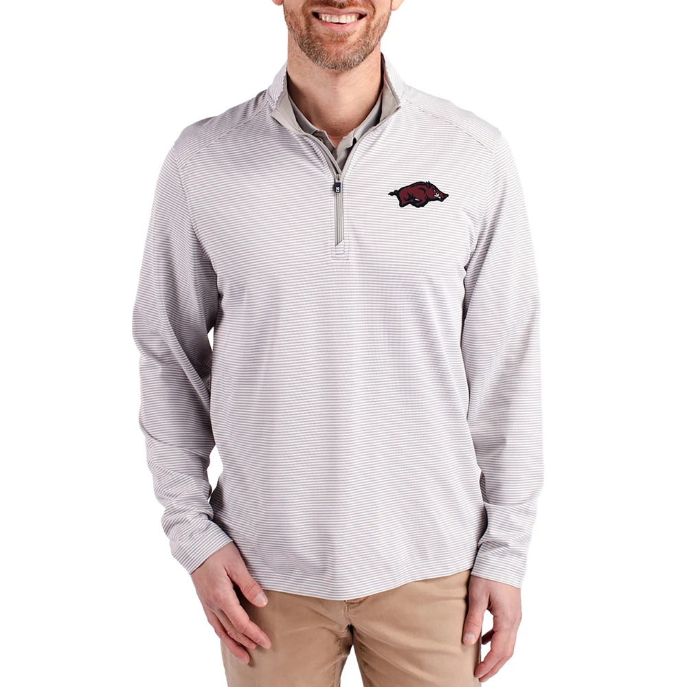 Men's Cutter & Buck Gray Arkansas Razorbacks Virtue Micro Stripe DryTec Quarter-Zip Pullover