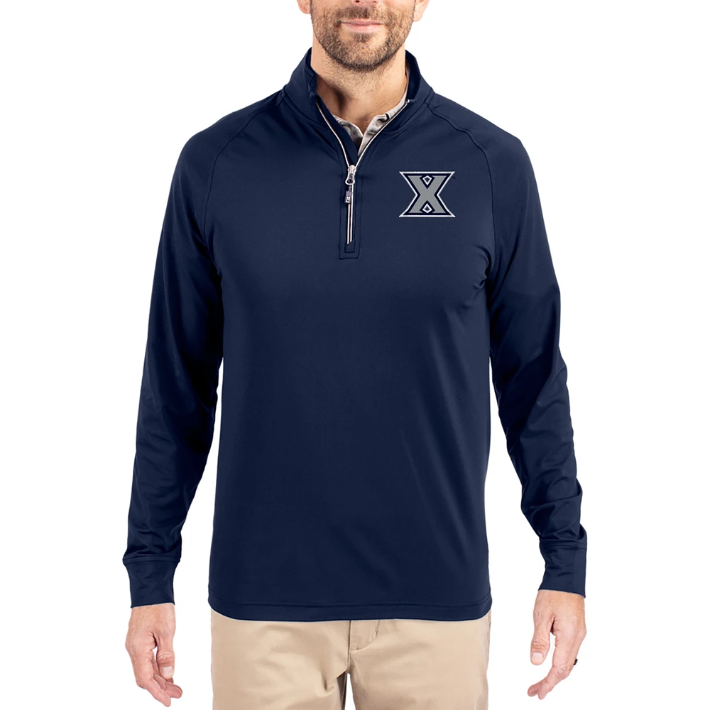 Men's Cutter & Buck Navy Xavier Musketeers Adapt Eco Knit Stretch Recycled Quarter-Zip Pullover