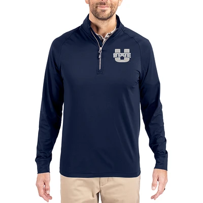 Men's Cutter & Buck Navy Utah State Aggies Adapt Eco Knit Stretch Recycled Quarter-Zip Pullover