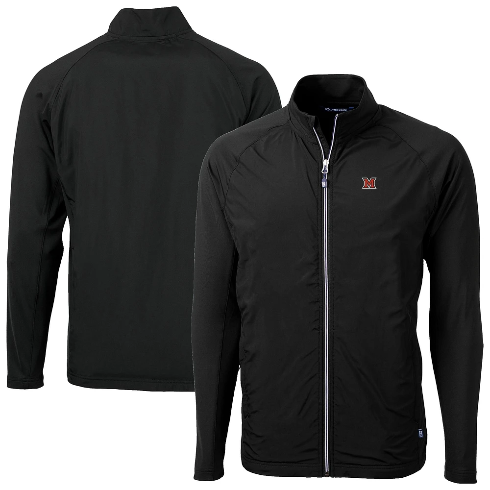 Men's Cutter & Buck Black Miami University RedHawks Adapt Eco Knit Hybrid Recycled Full-Zip Jacket