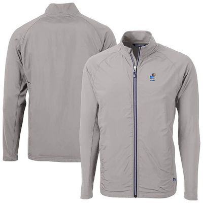 Men's Cutter & Buck Gray Kansas Jayhawks Adapt Eco Knit Hybrid Recycled Full-Zip Jacket