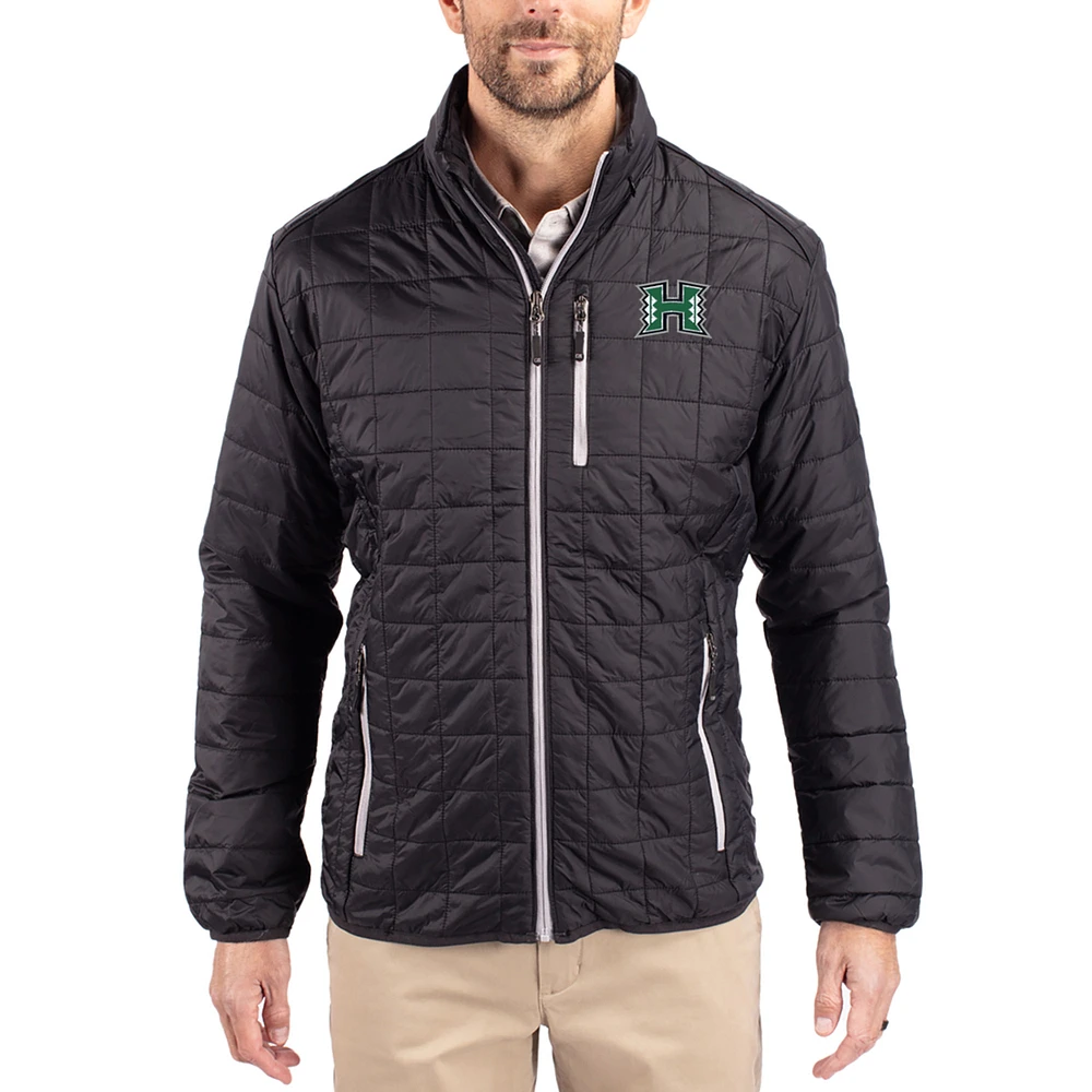 Men's Cutter & Buck Black Hawaii Rainbow Warriors Rainier Eco Insulated PrimaLoft Full-Zip Puffer Jacket