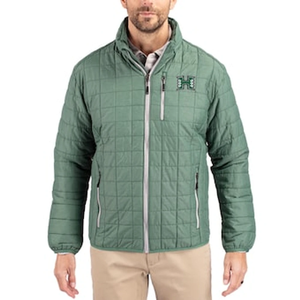 Men's Cutter & Buck Hunter Green Hawaii Rainbow Warriors Rainier Eco Insulated PrimaLoft Full-Zip Puffer Jacket