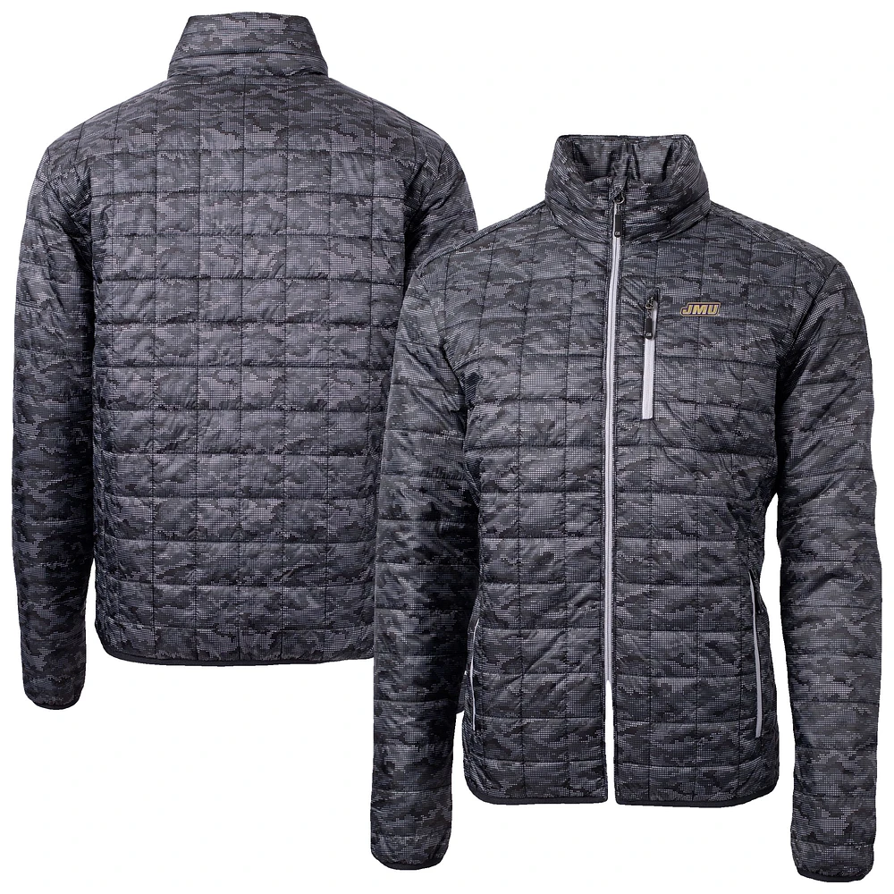 Men's Cutter & Buck Black James Madison Dukes Rainier Eco Insulated Camo PrimaLoft Full-Zip Puffer Jacket