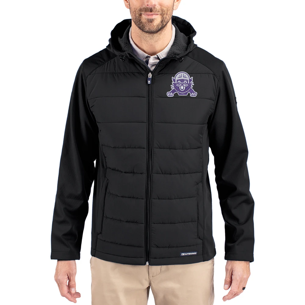 Men's Cutter & Buck Black Northwestern Wildcats Evoke Hybrid Eco Softshell Recycled Full Zip Hooded Jacket