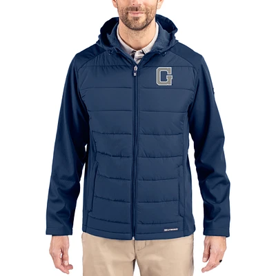 Men's Cutter & Buck Navy Georgetown Hoyas Evoke Hybrid Eco Softshell Recycled Full Zip Hooded Jacket