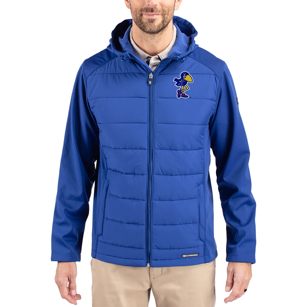 Men's Cutter & Buck Kansas Jayhawks Evoke Hybrid Eco Softshell Recycled Full Zip Hooded Jacket