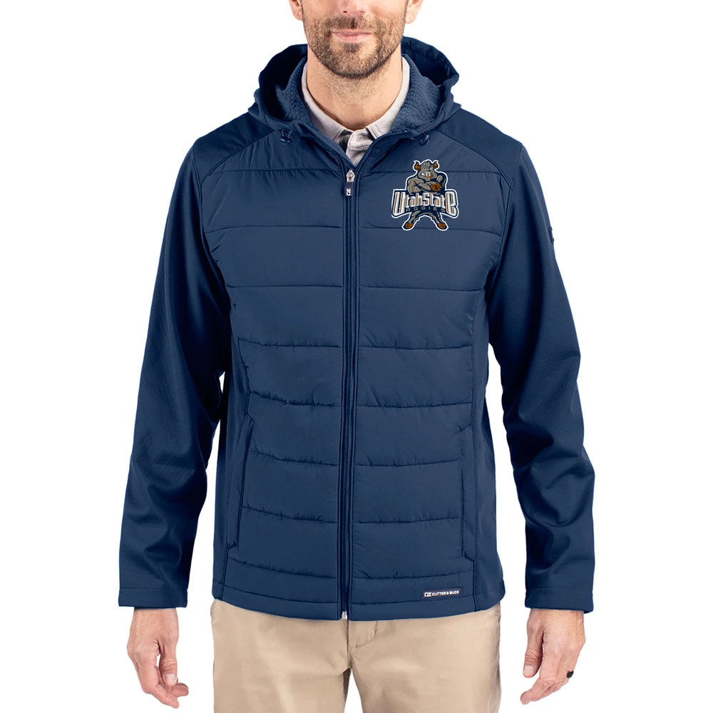 Men's Cutter & Buck Navy Utah State Aggies Evoke Hybrid Eco Softshell Recycled Full Zip Hooded Jacket