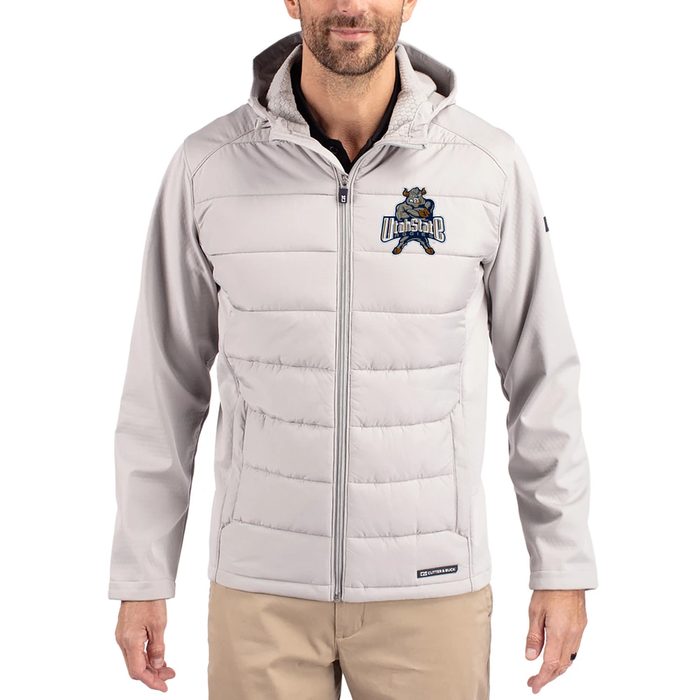 Men's Cutter & Buck Gray Utah State Aggies Evoke Hybrid Eco Softshell Recycled Full Zip Hooded Jacket