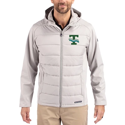 Men's Cutter & Buck Gray Tulane Green Wave Evoke Hybrid Eco Softshell Recycled Full Zip Hooded Jacket