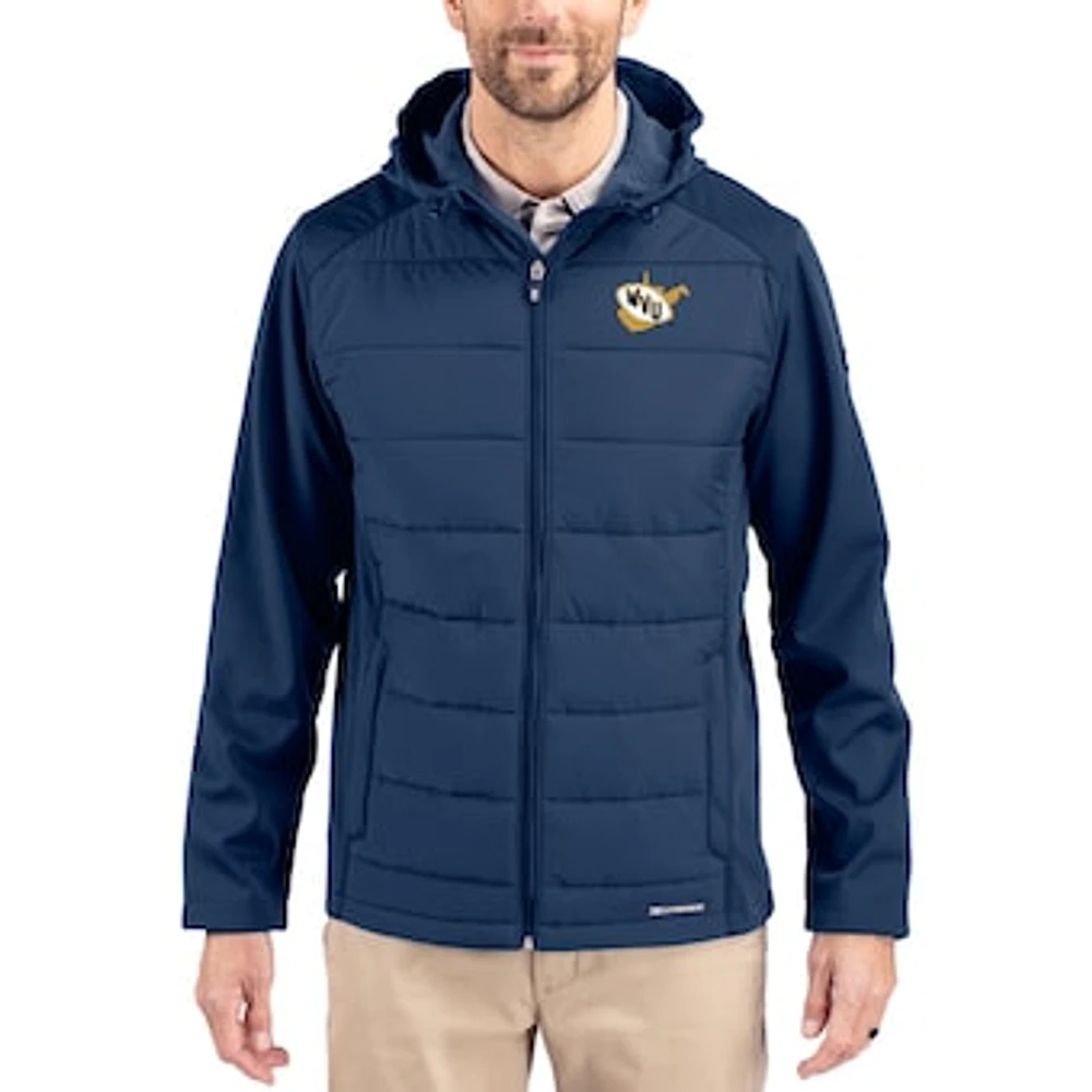 Men's Cutter & Buck Navy West Virginia Mountaineers Evoke Hybrid Eco Softshell Recycled Full Zip Hooded Jacket