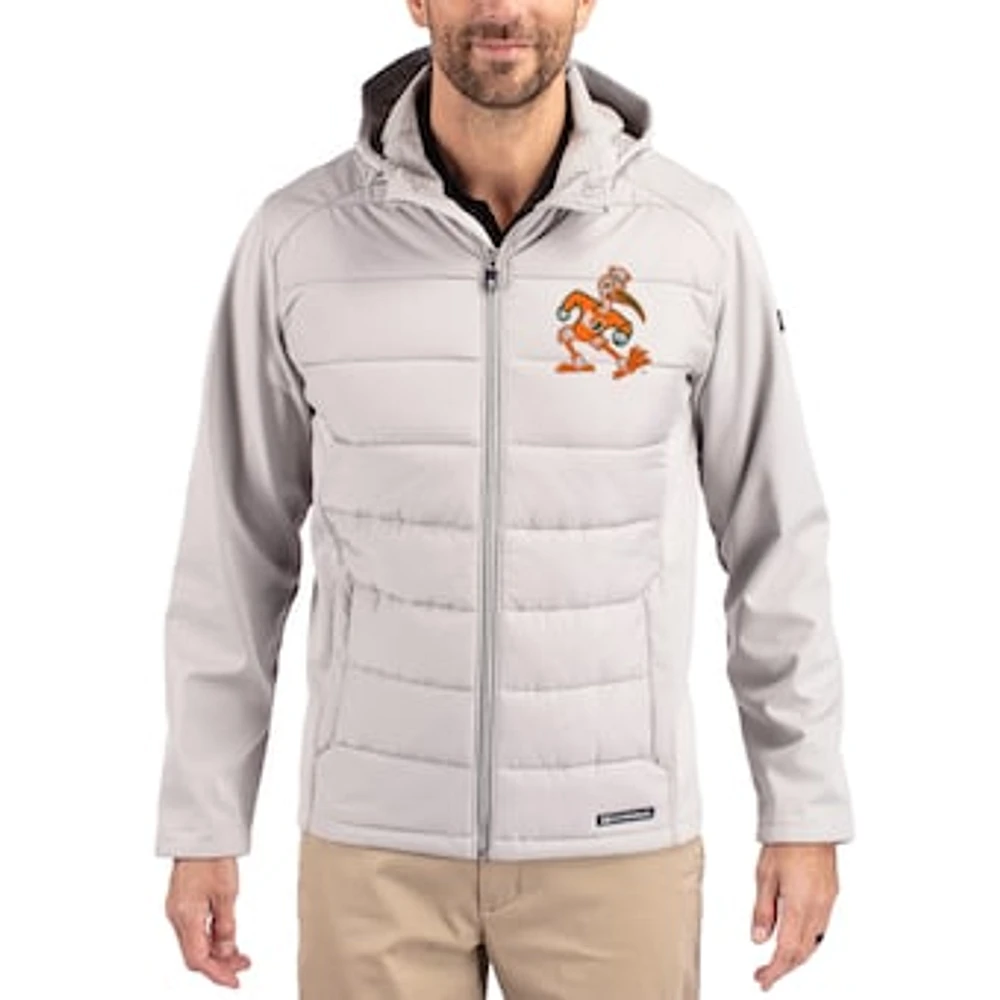 Men's Cutter & Buck Gray Miami Hurricanes Evoke Hybrid Eco Softshell Recycled Full Zip Hooded Jacket
