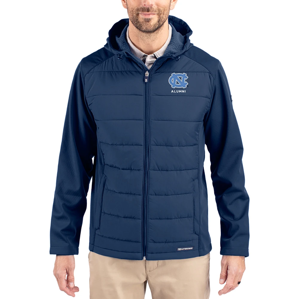 Men's Cutter & Buck Navy North Carolina Tar Heels Evoke Hybrid Eco Softshell Recycled Full Zip Hooded Jacket