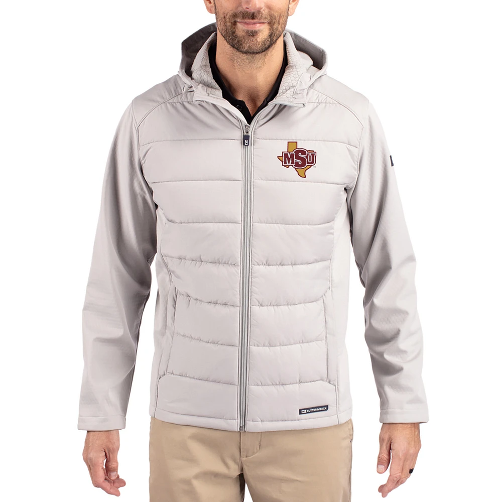 Men's Cutter & Buck Midwestern State Mustangs Evoke Hybrid Eco Softshell Recycled Full Zip Hooded Jacket