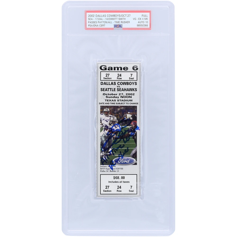 Emmitt Smith Dallas Cowboys Autographed Passes Walter Payton to become the NFL's all-time leading rusher PSA Authenticated 4/10 Ticket from October 27, 2002 with "All-Time Leading Rusher" Inscription