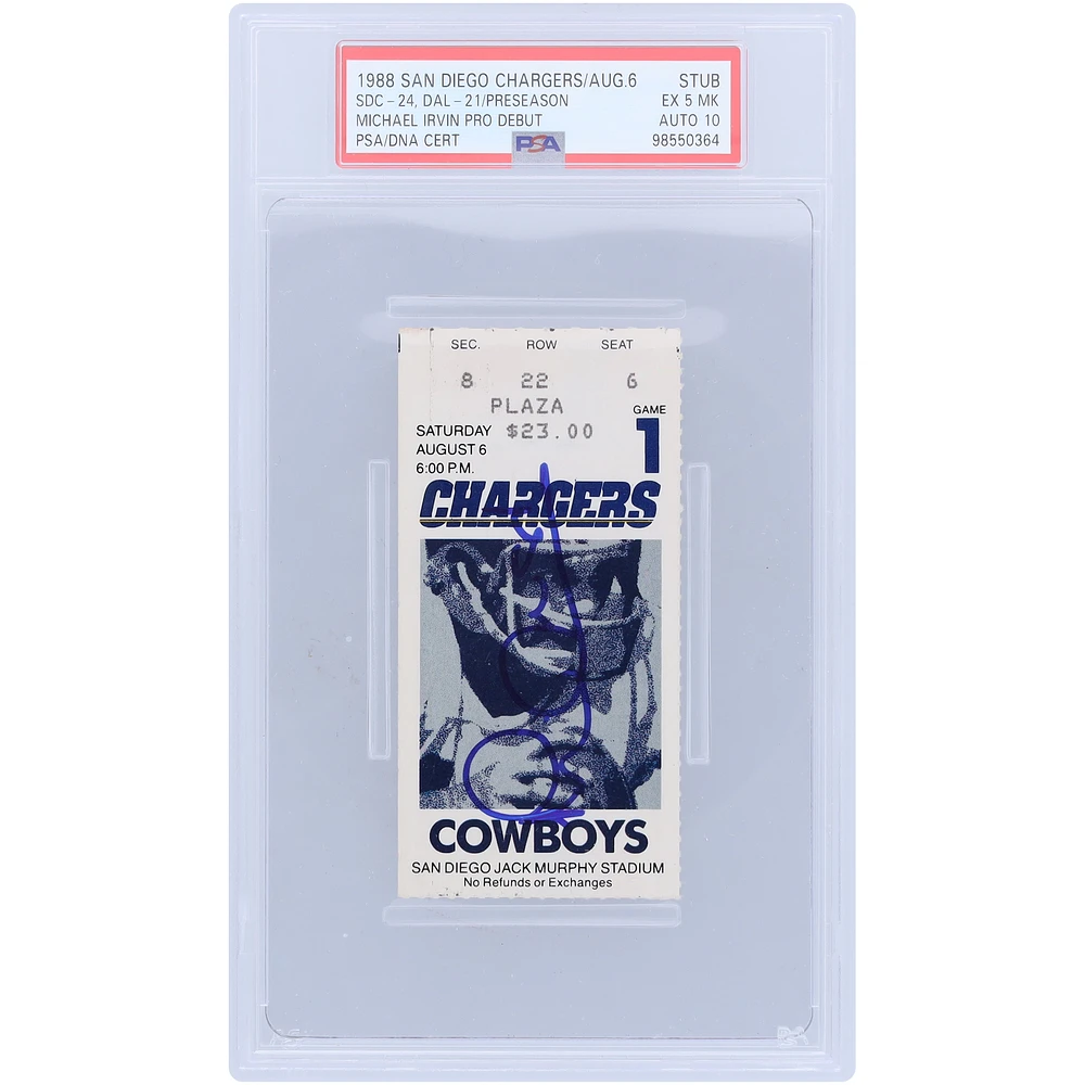 Michael Irvin Dallas Cowboys Autographed Preseason Pro Debut PSA Authenticated 5/10 Ticket from August 6th, 1988