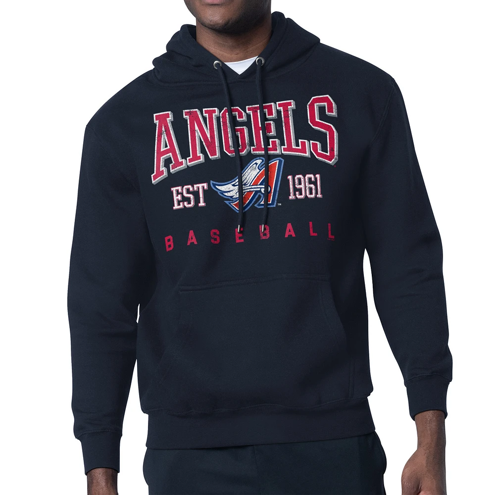 Men's Starter Navy Los Angeles Angels Distressed Fleece Pullover Hoodie