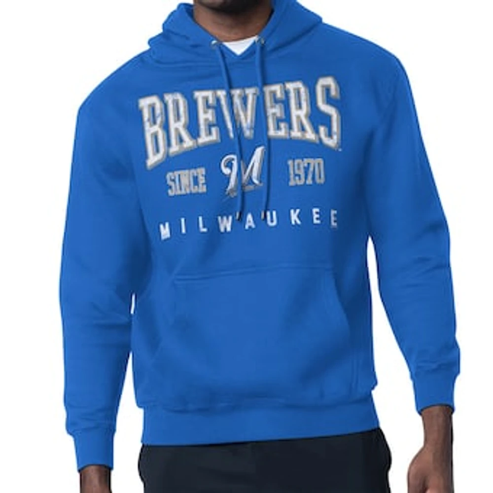 Men's Starter Royal Milwaukee Brewers Distressed Fleece Pullover Hoodie