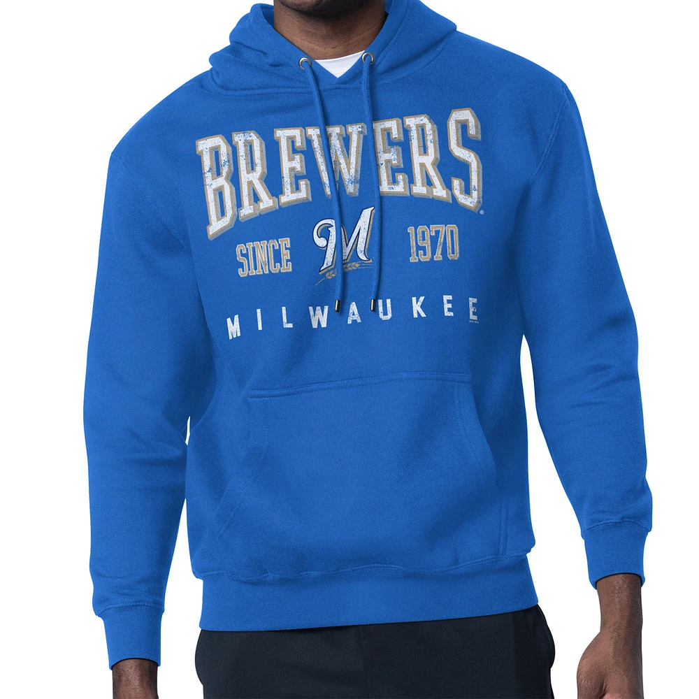 Men's Starter Royal Milwaukee Brewers Distressed Fleece Pullover Hoodie