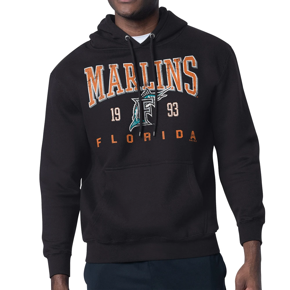 Men's Starter Black Miami Marlins Distressed Fleece Pullover Hoodie