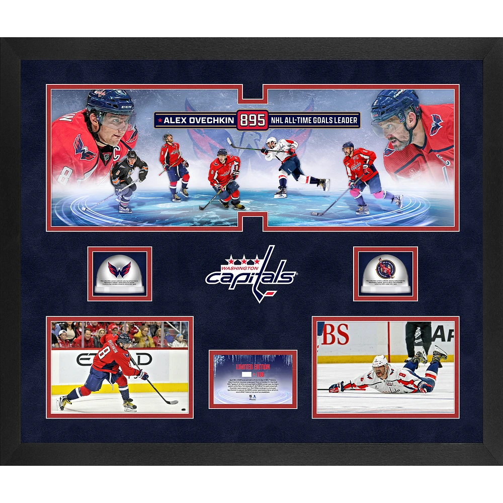 Alexander Ovechkin Washington Capitals Framed 20" x 24" 895th Goal Three-Photograph Collage with Dual Game-Used Ice from a Caps Game During the 895th Goal Season & 802nd Goal Season - Limited Edition of 100