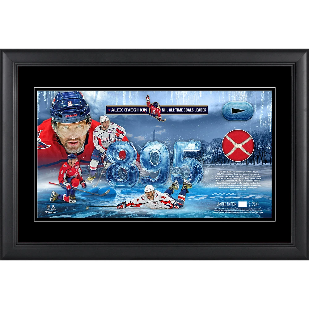 Alexander Ovechkin Washington Capitals Framed 10" x 18" 895th Goal Collage with a Piece of Game-Used Net from 895 Goal Game and Puck from the 2024-25 Season - Limited Edition of 250