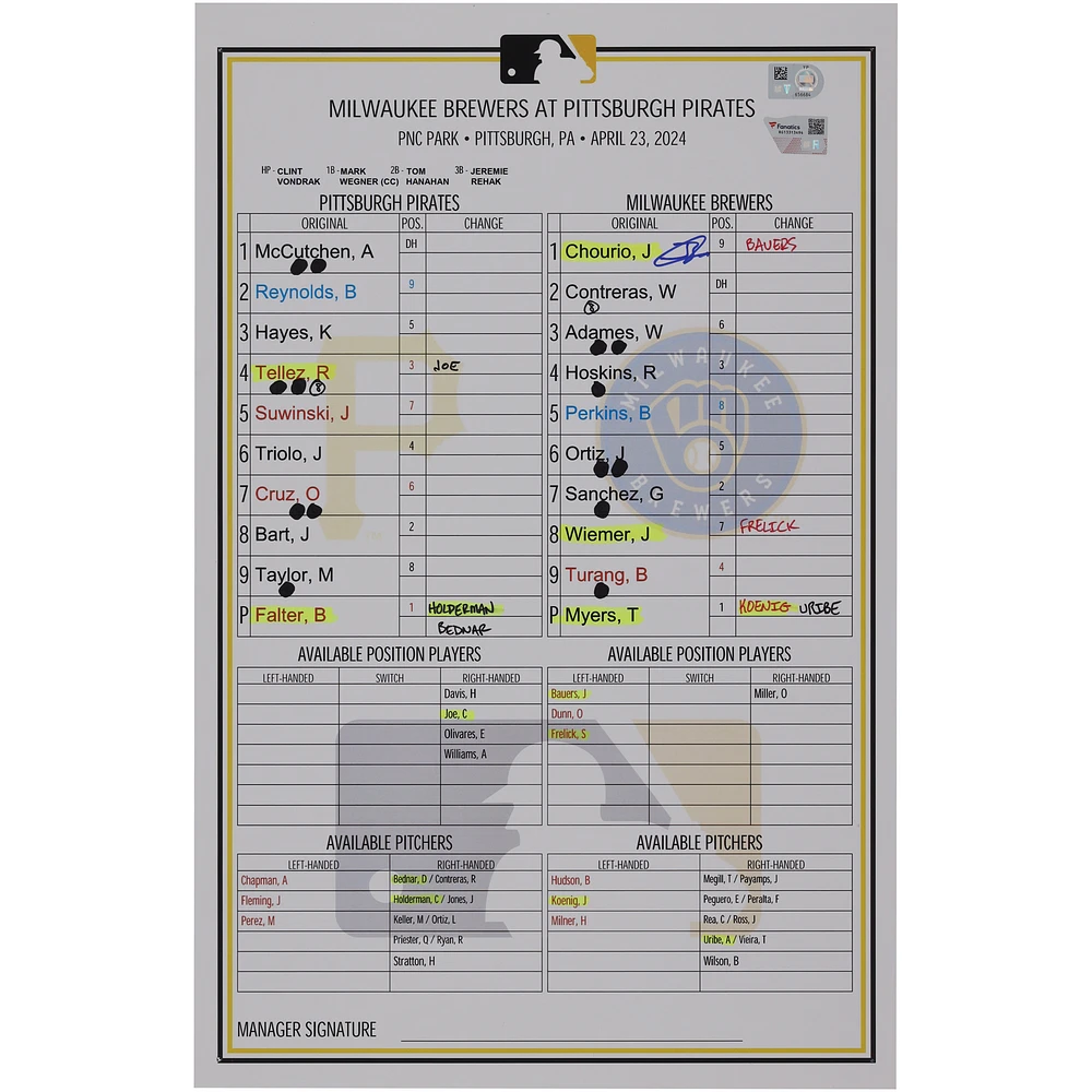 Jackson Chourio Milwaukee Brewers Autographed Game-Used Lineup Card vs. Pittsburgh Pirates on April 23, 2024