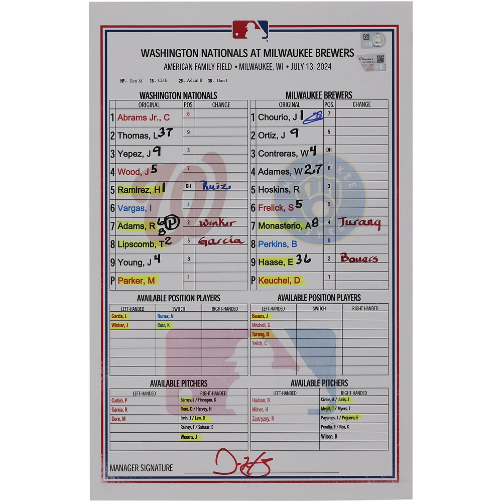 Jackson Chourio Milwaukee Brewers Autographed Game-Used Lineup Card vs. Washington Nationals on July 13, 2024
