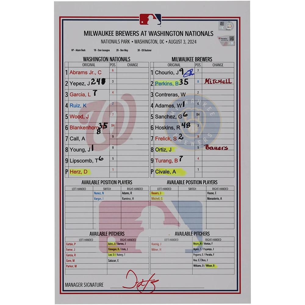 Jackson Chourio Milwaukee Brewers Autographed Game-Used Lineup Card vs. Washington Nationals on August 3, 2024