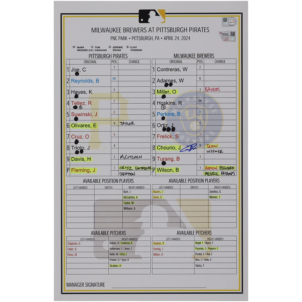 Jackson Chourio Milwaukee Brewers Autographed Game-Used Lineup Card vs. Pittsburgh Pirates on April 24, 2024