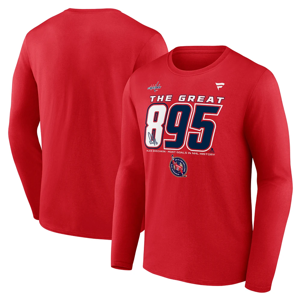 Men's Fanatics Alexander Ovechkin Red Washington Capitals NHL All-Time Leading Goal Scorer The Great 895 Long Sleeve T-Shirt