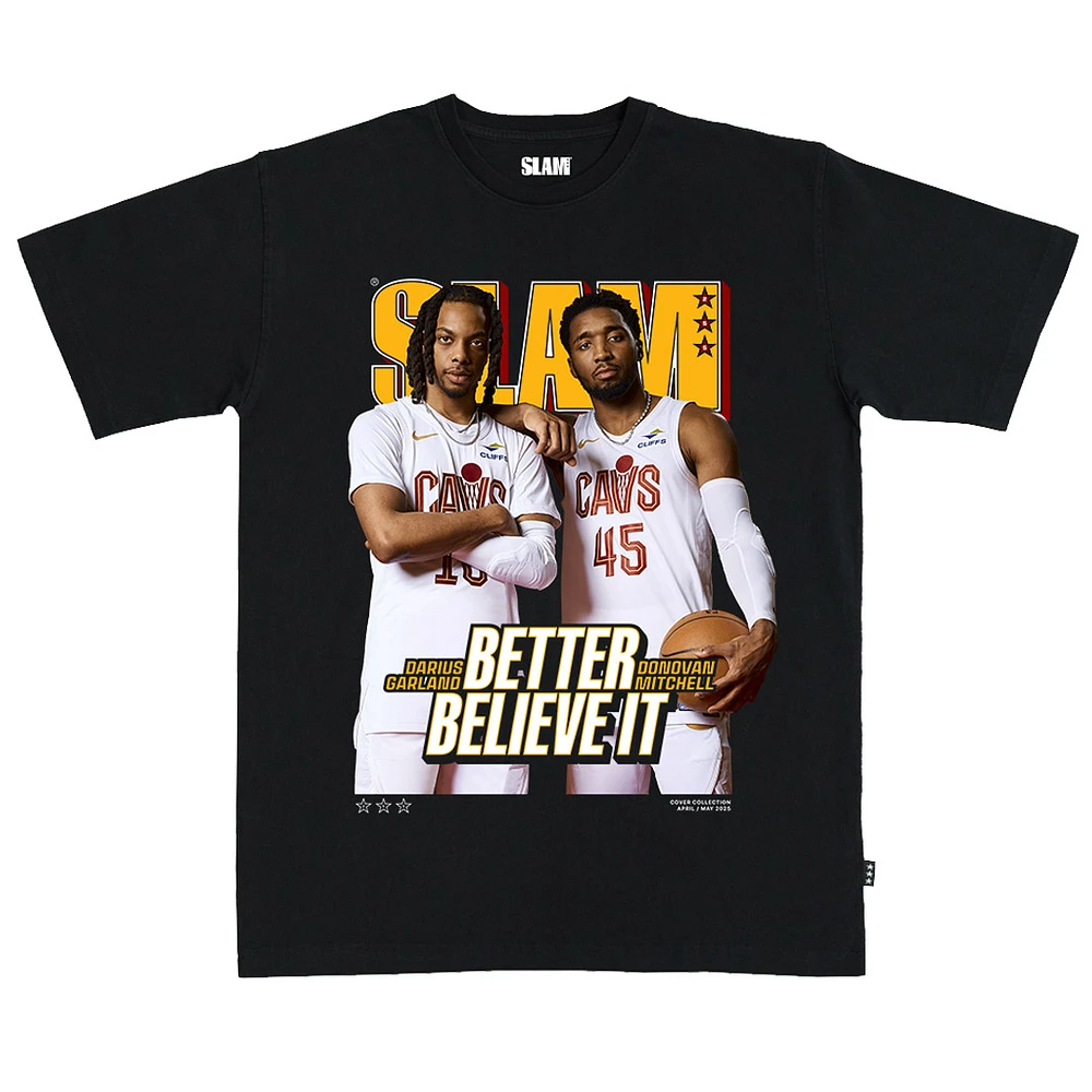 Unisex SLAM Donovan Mitchell, Darius Garland Black Cleveland Cavaliers April/May 2025 Cover Graphic T-Shirt