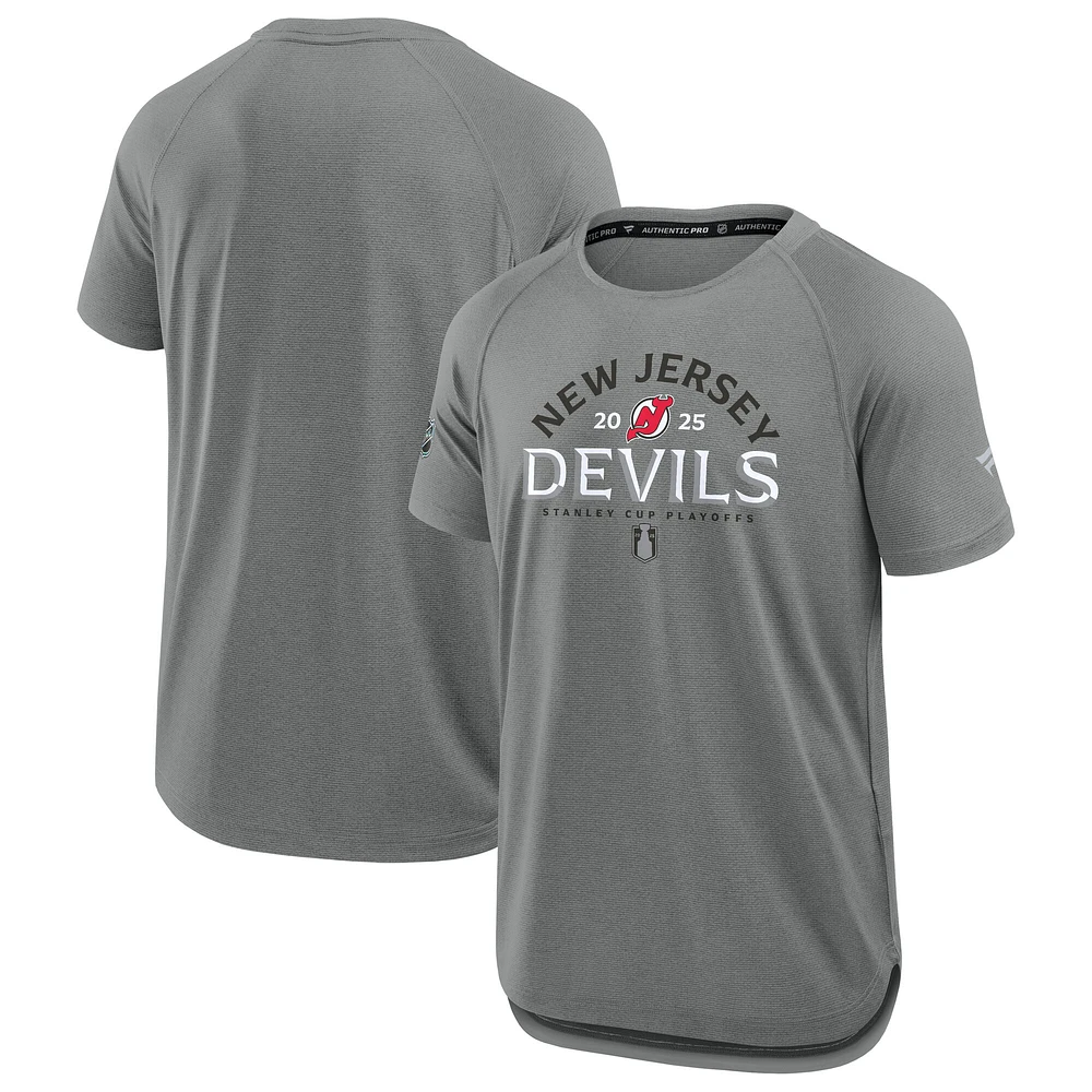 Men's Fanatics Heather Gray New Jersey Devils 2025 Stanley Cup Playoffs Authentic Pro Rink Performance T-Shirt
