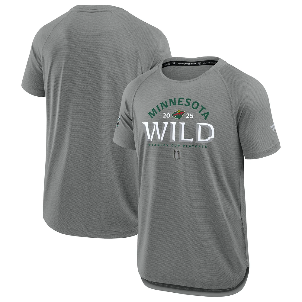 Men's Fanatics Heather Gray Minnesota Wild 2025 Stanley Cup Playoffs Authentic Pro Rink Performance T-Shirt